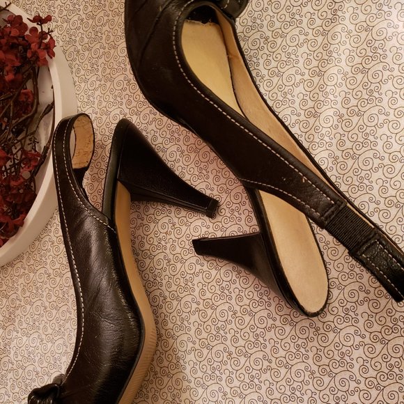 Franco Sarto Dark Navy Leather Sling Back Heels With Bow Toes  9 M - Picture 5 of 11